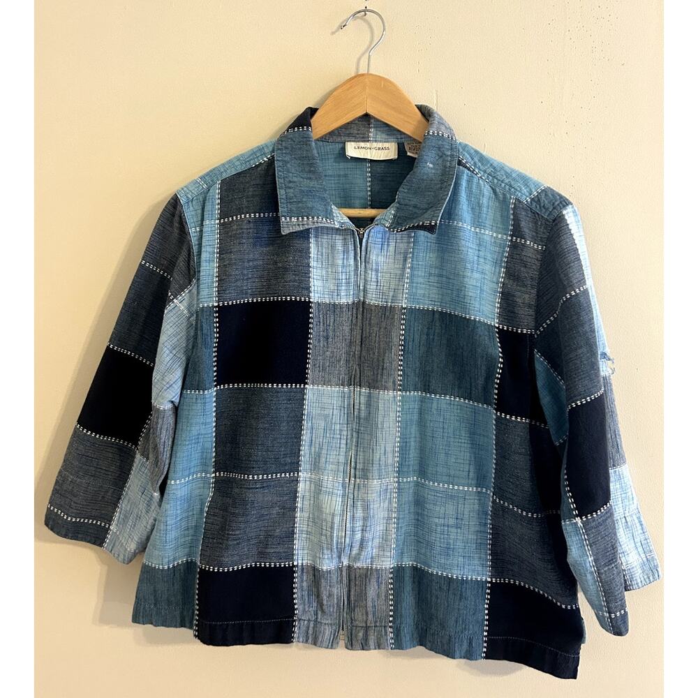 Vintage Chambray Blue Patchwork Lightweight Full-zip Jacket Women's Large